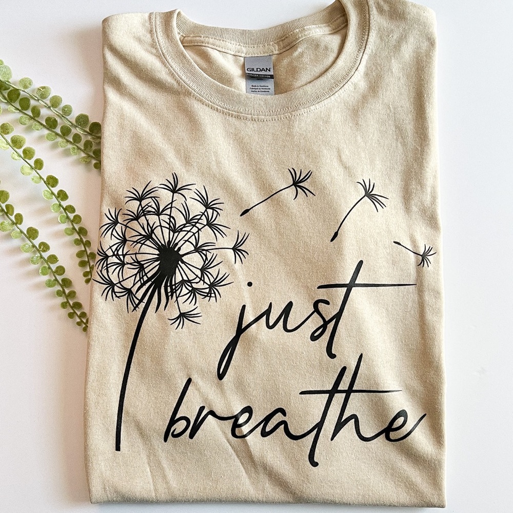 Just Breathe Women’s Graphic Tee. Beige graphic tee. Womens T-shirts.